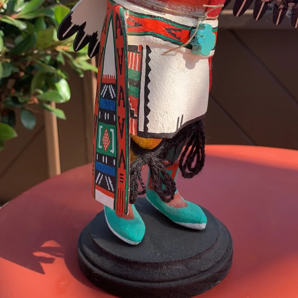 Hopi Indian Kachina Doll wooden, 11” tall wooden stand w feathers wings vintage - Picture 9 of 12